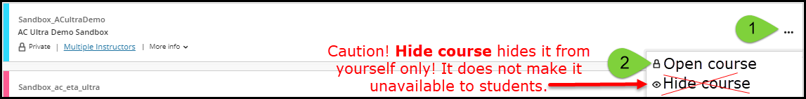 Screenshot image demonstrating that hiding a course does not make it unavailable to students.