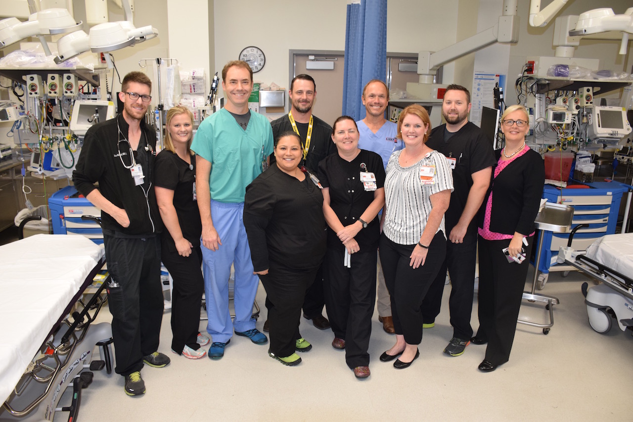 Christine Wade (right) and Pam Cruz (4th from left) with members of the Emergency Department care team.
