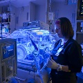 NICU personnel with infant in incubator