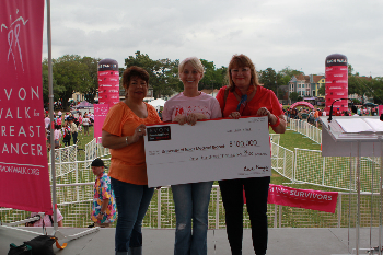 Receiving $100,000 check from Avon Walk for Breast Cancer are (L to R): Elizabeth Hernandez, UTMB Cancer Center, Staci Adams, UTMB director of development and Barbara Plasek, UTMB Cancer Center.