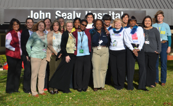 Back row:  Amy Barrera-Kovach (Blocker Burn Unit), Tia Jaynes (Pediatrics), Adele Herzfeld (Geriatrics), Rhonda Campos (Care Management), Lisa Moore (Care Management), Katy Renfrow (Care Management), Maronda Chapman (Pediatrics), Oralia Crow (Chronic Home Dialysis), and Rebecca Castro (Community Health Program). Front row:  Linda Perez (Care Management), Beth Anderson (Care Management), Amanda Bulman (Care Management), Leah Fanuiel (Family Medicine), Phyllis Pamplin (Care Management), Eva Cavazos (Internal Medicine), Daphne Terrell (Cancer Center), and April Martinez (Care Management).