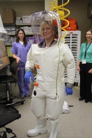 Pictured in mock BSL-4 suit training session is Dr. Kimberly Taylor, a program officer at NIAID.