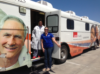 Atascocita Compton of the UTMB Blood Bank and Lindsey White, United Way at Blood drive for victims in West, Texas.