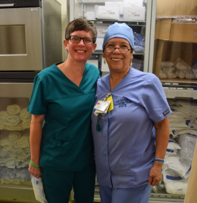 Carr and Nelly Garza, a patient care technician who uses the burn cream for wound dressings.