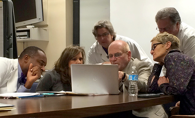 Pictured: Joint Commission surveyor Dr. Dennis Frank, center, shares examples of “best practices” with Dr. Selwyn Rogers, vice president and chief medical officer; Margaret Foreman, director of Medical Staff Services; Dr. Susan McCammon, co-director of the Center for Cancers of the Head and Neck; Dr. Alvah Cass, professor and vice chair of Family Medicine; and Dr. Mary Munn, director of Ultrasound and Prenatal Diagnosis.