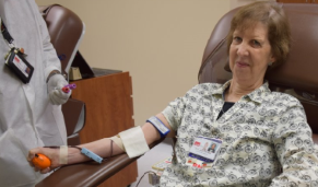 Jeri Jaquis gives blood at new donor center