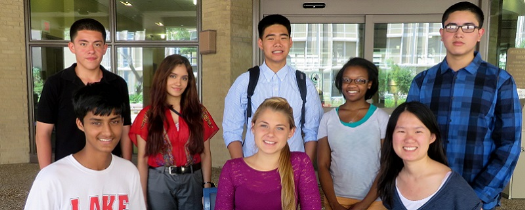 From left to right: Josue Chirinos, Ashok Sankaran, Jennifer Aguilar, Hannah Kelly, Kevin Le, Darah Scruggs, Vivian Tat, and Jesse Martinez were participants in the 2014 High School Summer Research Program