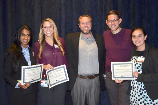 Poster award winners: Best Overall and Best Clinical/Basic Science Research: Paige Hoyer and Monisha Konana (MS2, UTMB); Dr. Matt Dacso; and Best Community-Based Project: Christopher Smith and Jennifer Nordhauser (MS2s, UTHSCSA). Not pictured: Best Topical: Janika Prajapati (MS2, UTMB)