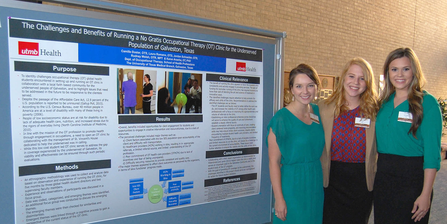 UTMB students, from left, Laura Romano, Camille Doster and Jordan Schneider with their poster that outlined “The Challenges and Benefits of Running a No Gratis Occupational Therapy Clinic for the Underserved Population of Galveston, Texas."