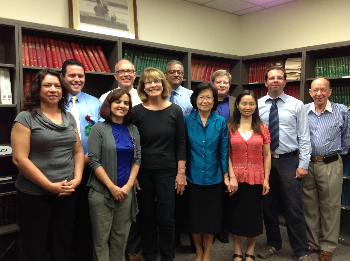 Front row (Left to right): Esther Valdivia, Rocio Trujillo, Jean Freeman,Tasnee Chonmaitree, principal investigator and Ying Xiong. Back row (Left to right): Pedro Alvarez-Fernandez, David McCormick, Janak Patel, Kristofer Jennings, Tal Marom and Reuben Matalon.