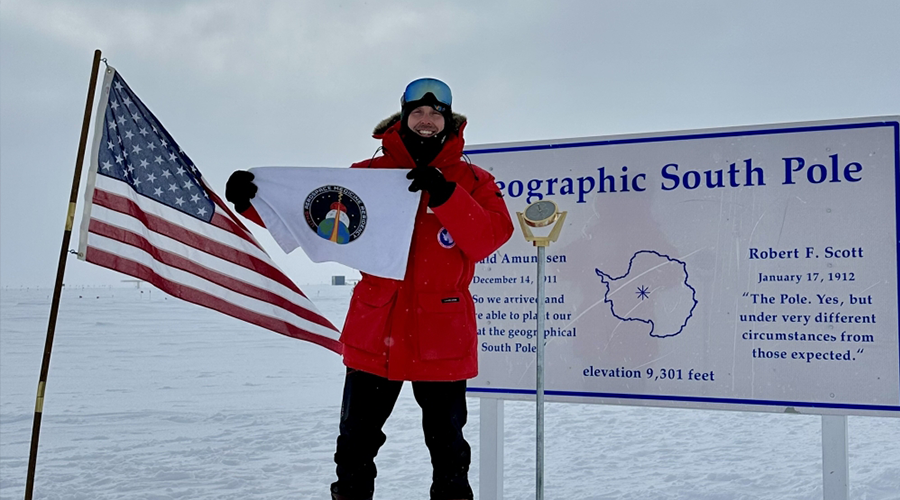 Dr. Craig Kutz, UTMB RAM, 2024, at the South Pole during his Antarctic rotation.