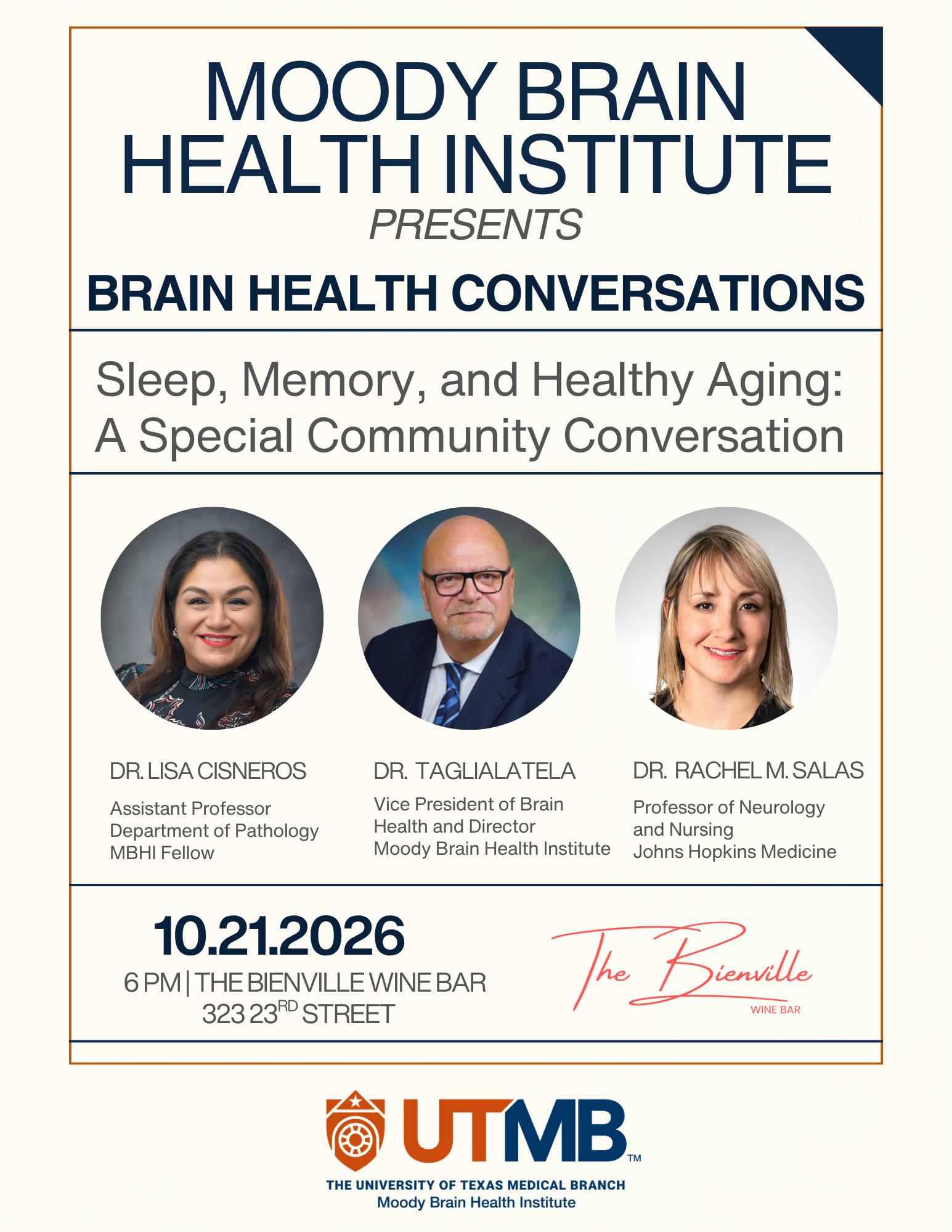 October 21, 2026 Brain Health Conversations flyer at the Bienville Wine Bar
