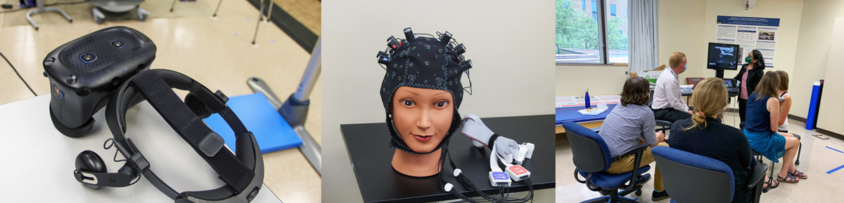 A three-image collage from left to right - head gear, a mannequin with head gear, a group of people looking at a student presenting in front of a tv screen