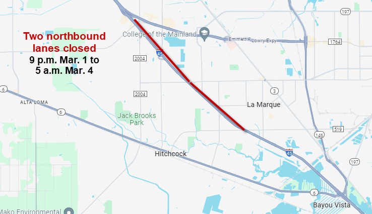 Closure for Mar. 1 on I-45 in Galveston County