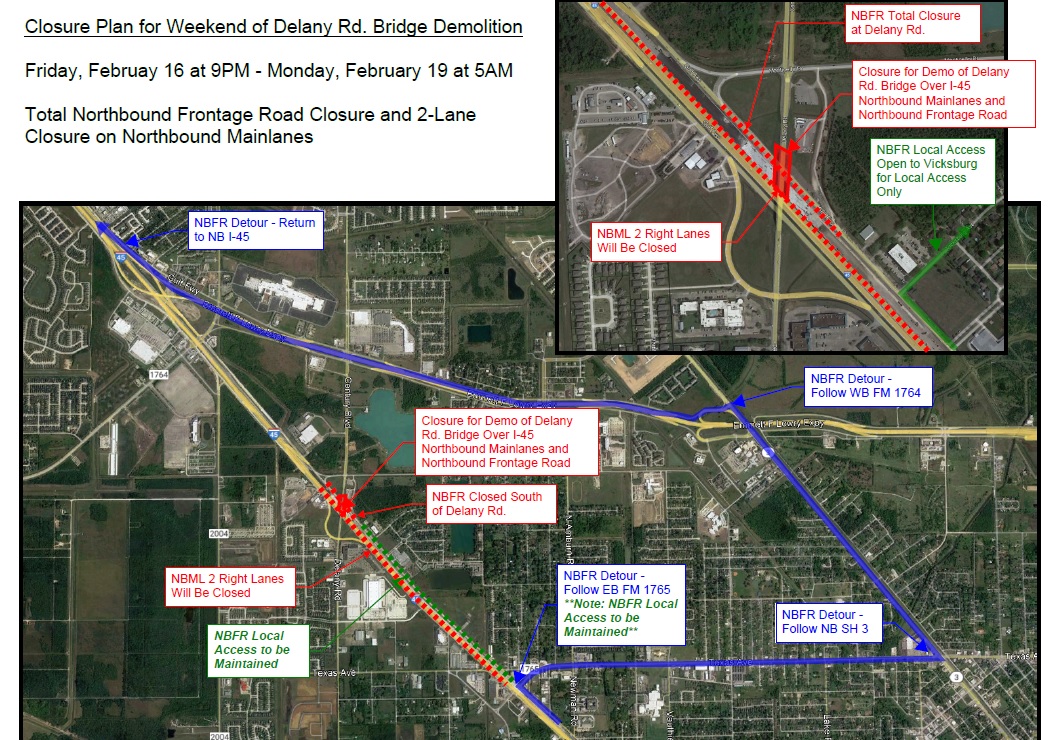 Map from TxDOT of planned highway closure and detour for 2/26/2024
