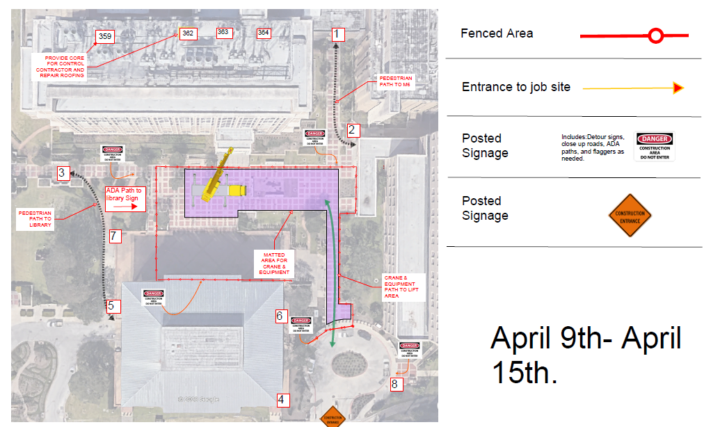 GNL-April-9-19 Map of the Galveston central campus showing an area adjacent to the Galveston National Lab that will be closed for construction.