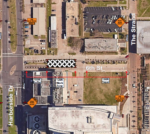 Aerial photo of part of UTMB campus showing partial road closure on Sixth St. between Harborside Dr. and The Strand