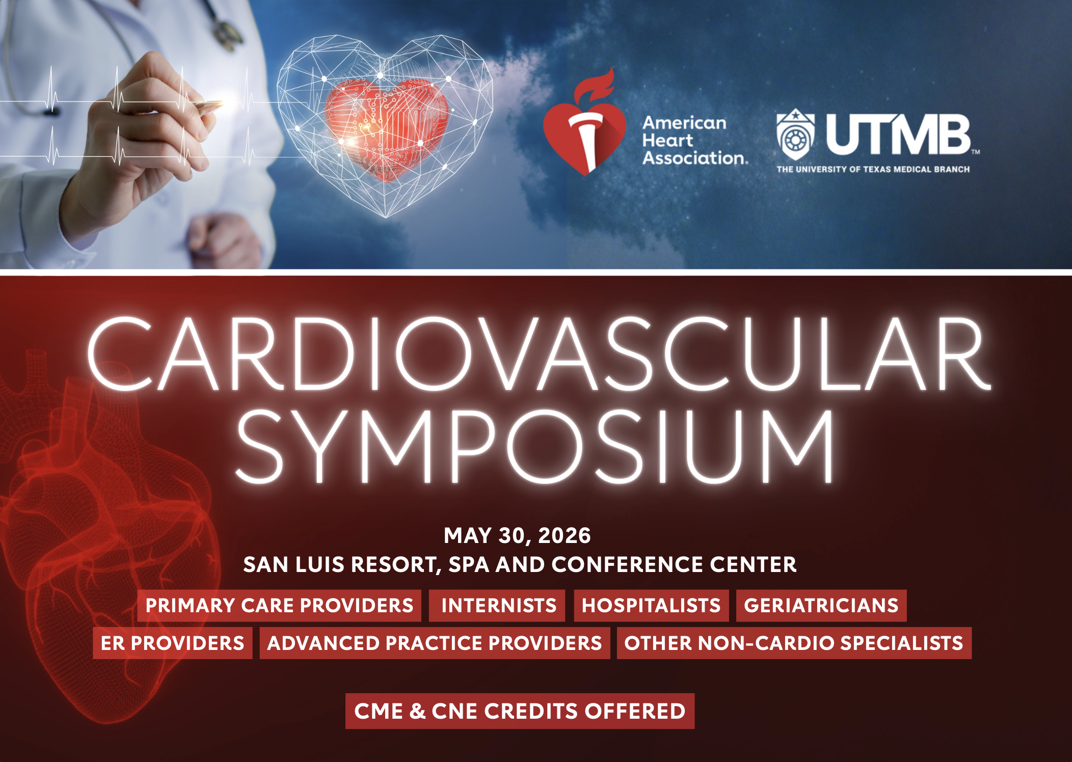 Promotional graphic for a Cardiovascular Symposium hosted by UTMB and the American Heart Association, featuring medical imagery, heart graphics, and event details including date, location, target healthcare audiences, and CME and CNE credits offered.