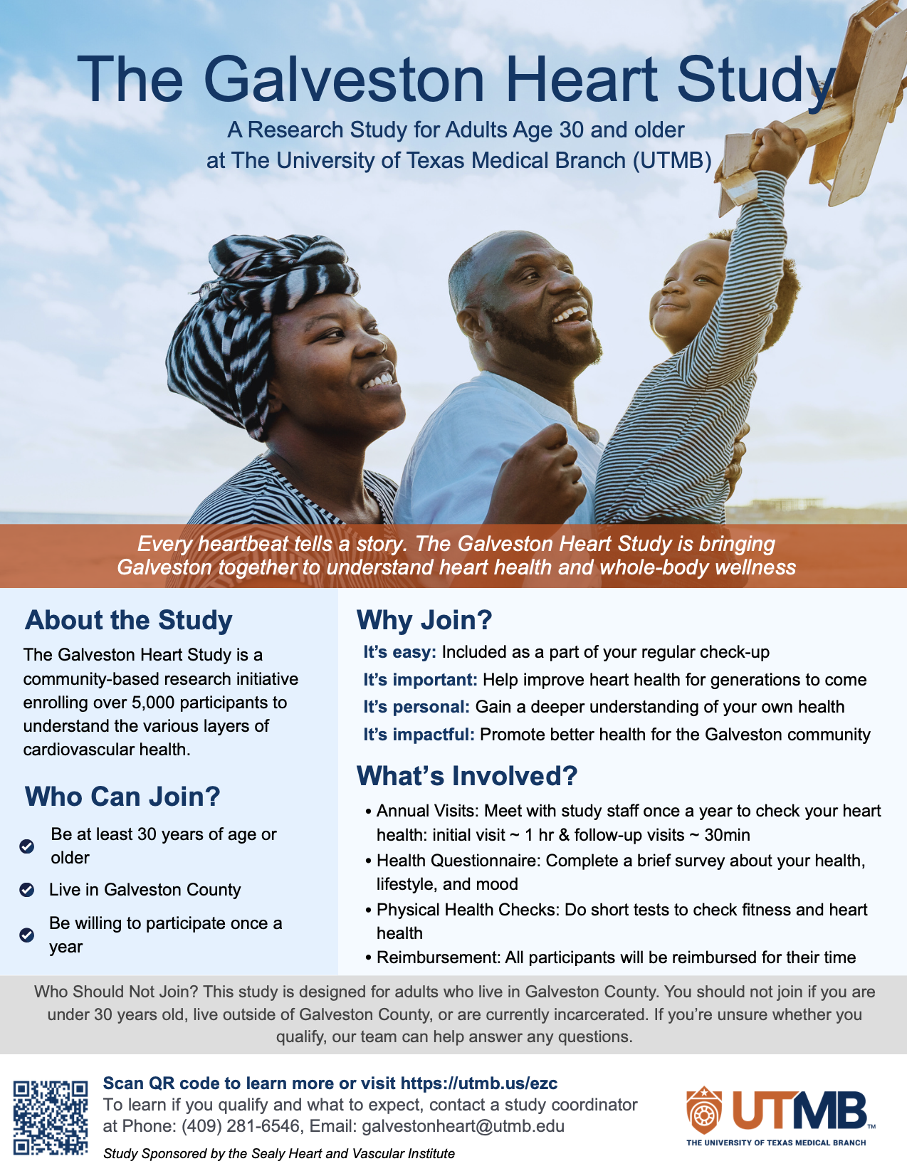 Promotional graphic titled “The Galveston Heart Study,” showing three people outdoors beneath a blue sky, with one person holding a wooden toy airplane upward. The study is for adults age 30.