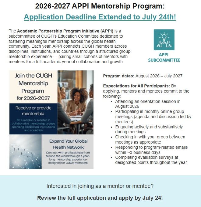 Flyer inviting mentors and mentees to join CUGH's APPI Mentorship Program.