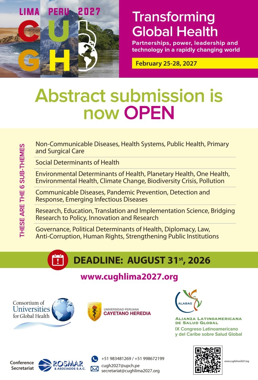 CUGH 2027 abstract submission announcement for the Lima, Peru conference. Abstracts are now open across six global health themes, including health systems, climate health, infectious diseases, research, and governance. Deadline: August 31, 2026.