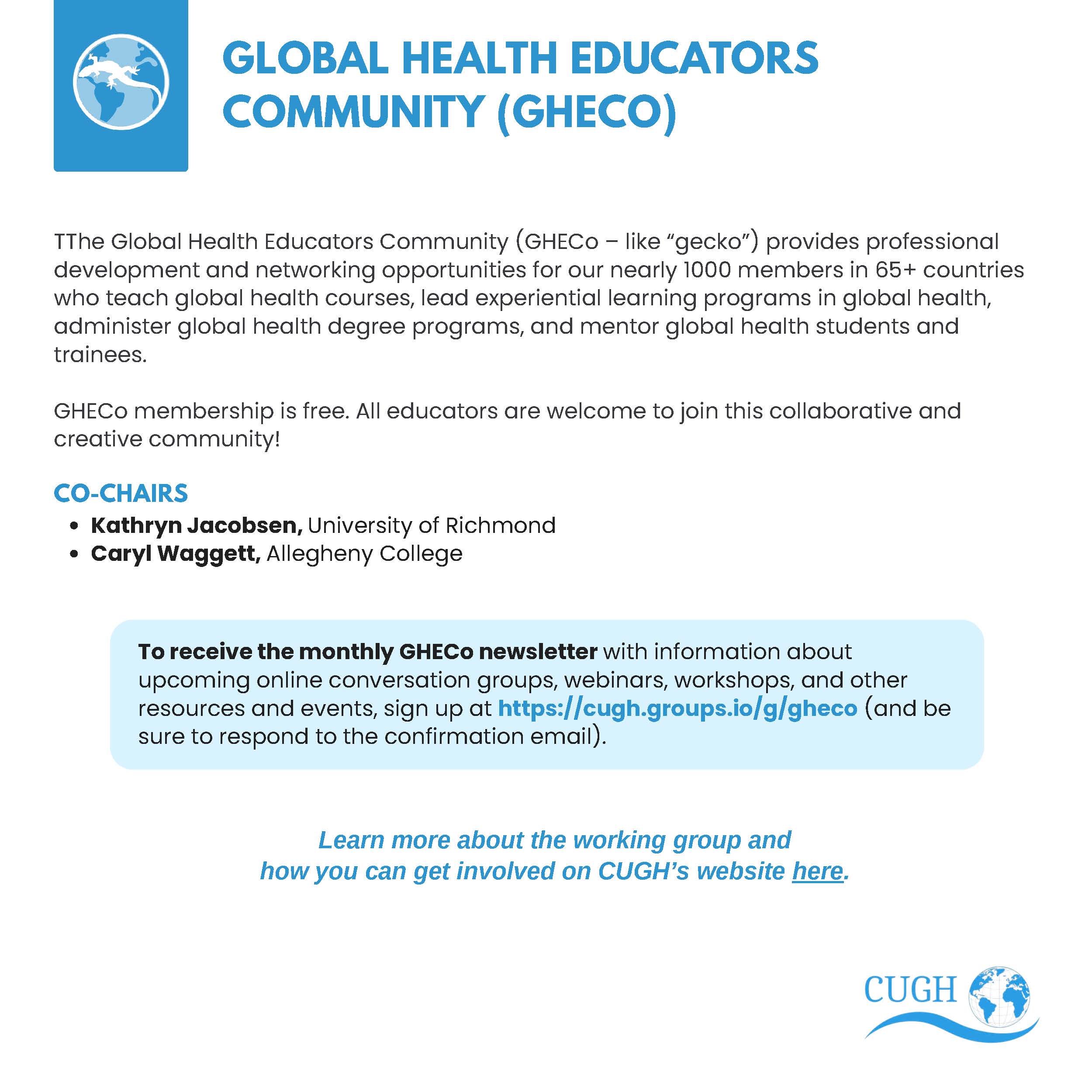 Graphic promoting the CUGH Global Health Educators Community (GHECo)