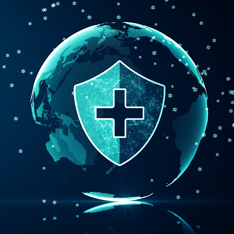 Global Network medical healthcare system protection concept. Futuristic medical health protection shield icon with shining wireframe above multiple on dark blue background.