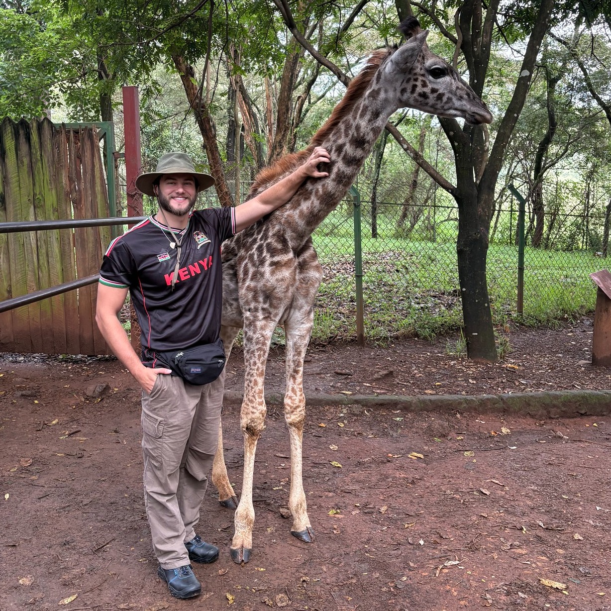 Man wearing a Kenya jersey posing with a giraffe.