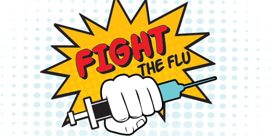 Graphic image of a hand holding a syringe in front of a Fight the Flu sign