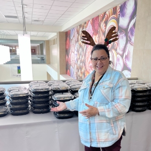 Image of woman wearing antler hat