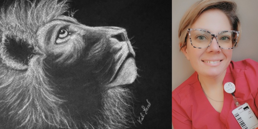 Compiled image of woman next to drawing of lion