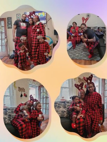 Four photos of family in Christmas pajamas