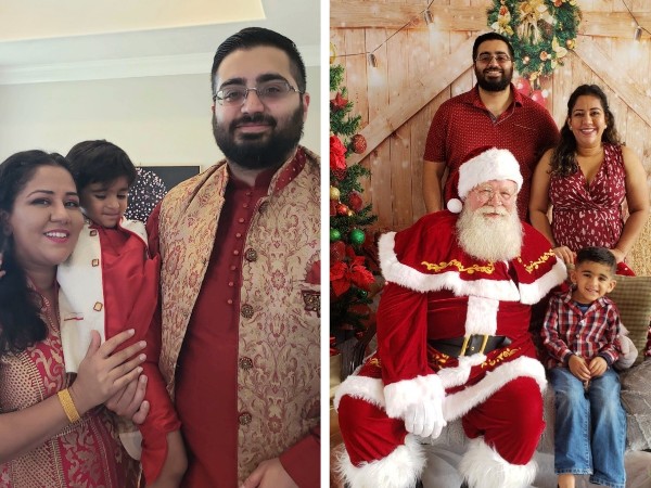 Two photos of woman and man holding child at the holidays