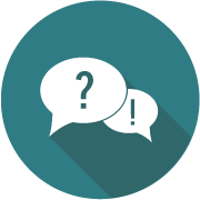 Button graphic with question and exclamation marks in message bubbles