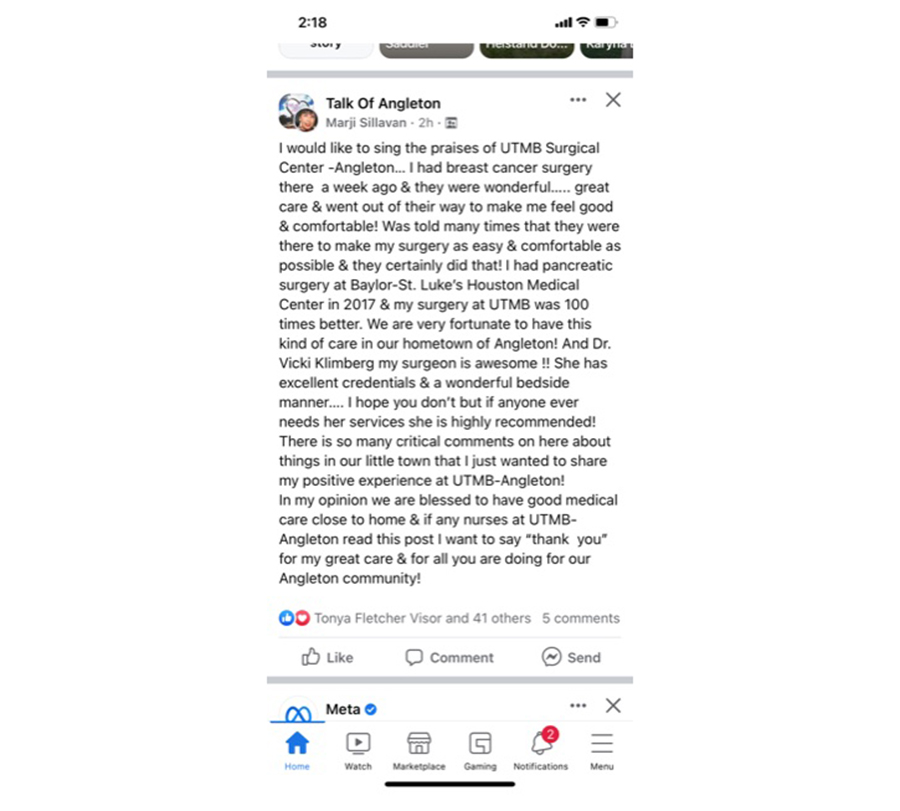 Breast Cancer patient mentions the great care she received at UTMB Health in Angleton