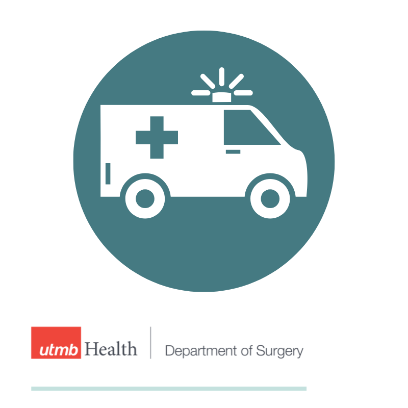 UTMB Department of Surgery logo with ambulance illustration in teal circle