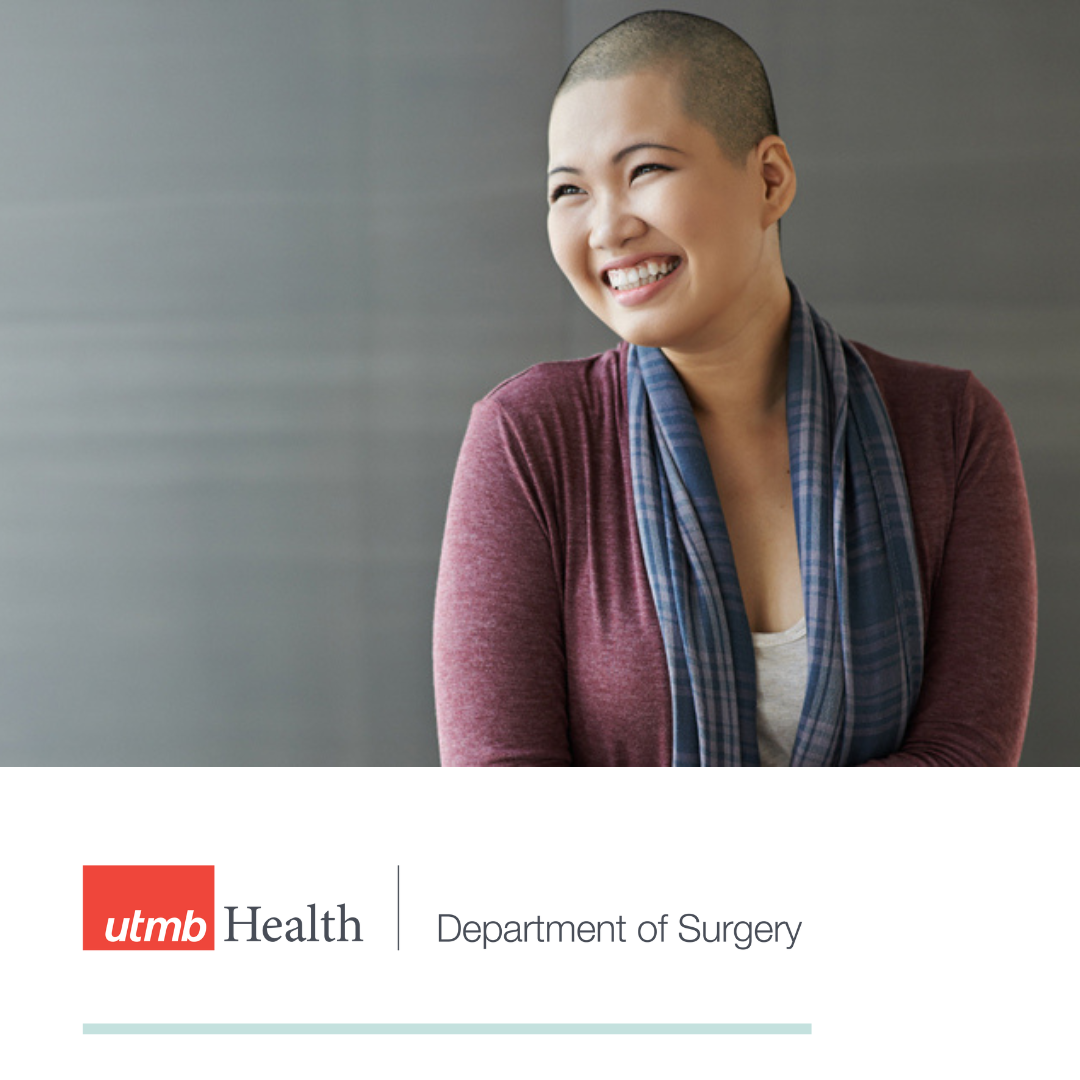 Breast cancer care news image, woman with shaved head smiling and looking left