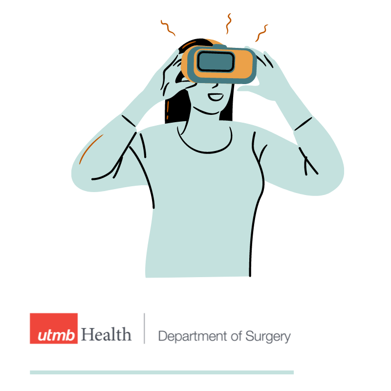 UTMB Department of Surgery logo, line character smiling and using VR headset