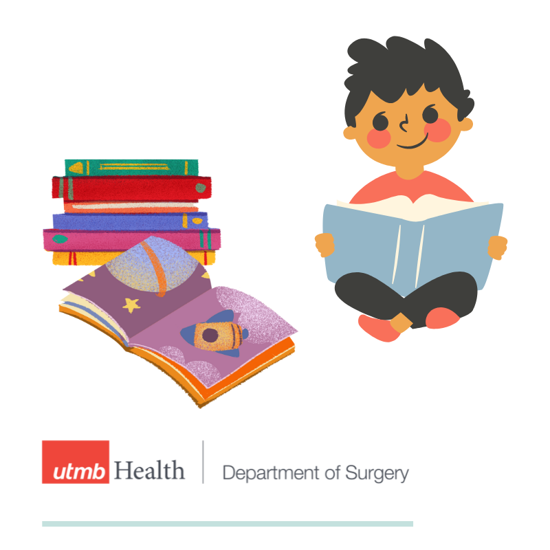 Child reading a blue book with another book open, showing a rocket in space, department of surgery UTMB Health logo