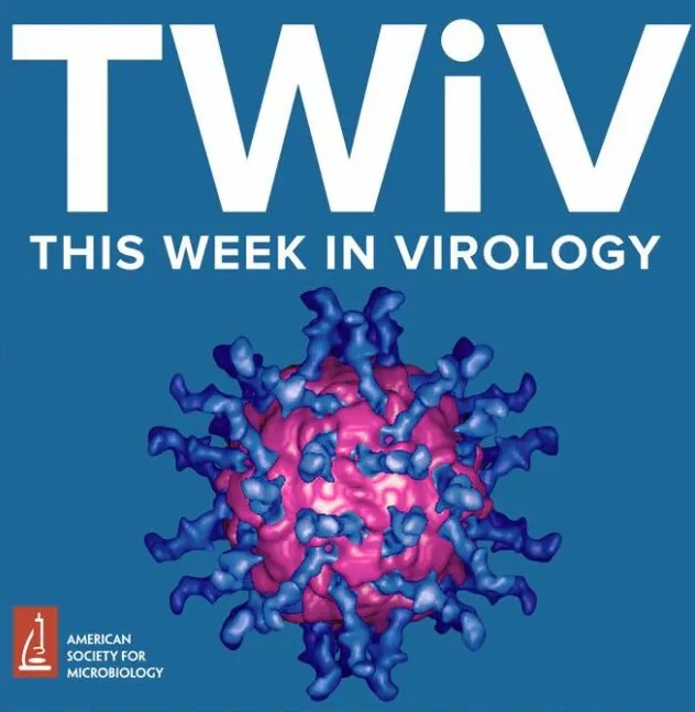 Graphic shows a colorful structure of a virus and is the logo for This Week in Virology podcast