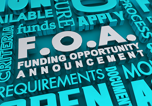Graphic featuring the acronym “F.O.A.” with the words “Funding Opportunity Announcement” and related grant application terms.