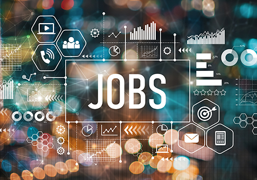 Banner with the word “JOBS” overlaid on charts and career-related icons.