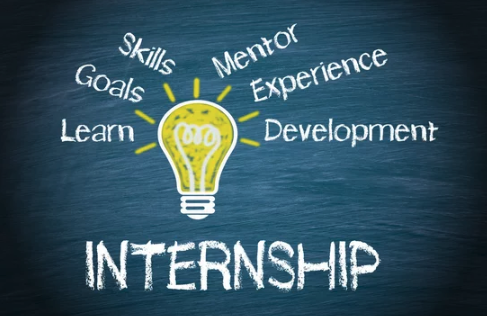 Illustration of a glowing yellow lightbulb on a chalkboard with the word “Internship” below. Words around the lightbulb include Skills, Mentor, Experience, Development, Learn, and Goals.