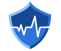 Blue shield icon with a white heartbeat line across it.
