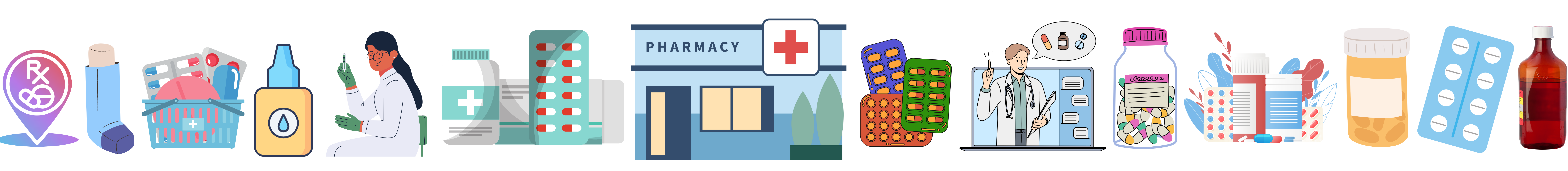Illustrated icons of medications, pharmacy items, and healthcare figures.