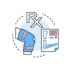 A graphic icon of a knee with a brace, a document with a broken arm bones and the letters RX.