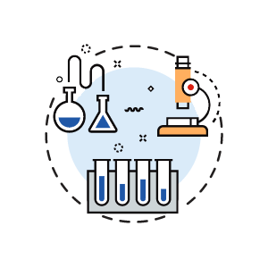 A graphic icon of a test tubes, beakers and a microscope