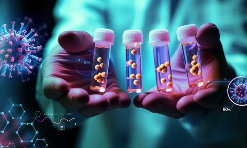 Close up photo of a pair of hands holding up pill bottles with graphic images of viruses and molecule connections.