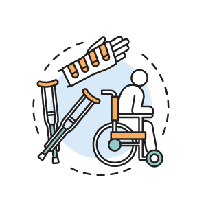 A graphic icon of a person in a wheelchair, a pair of crutches and a wrist brace.