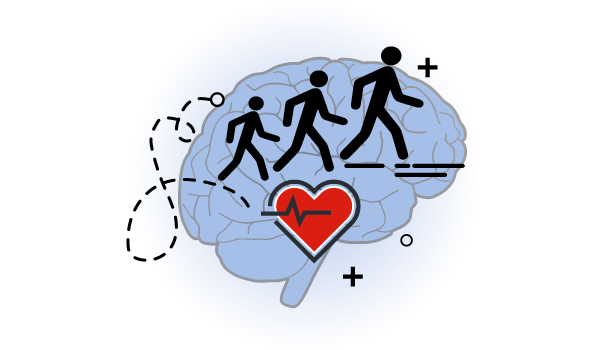 Icon graphic depicting a brain with people walking and a heart